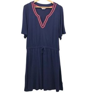 Boden Estelle Dress V-Neck Embroidered Trim Drawstring Waist Size 12 R Navy